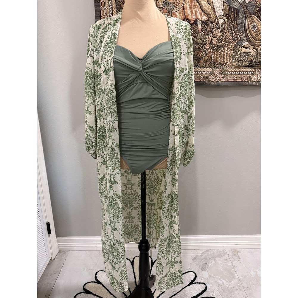 SheIn Two Piece Set Womens Medium Green Swimsuit Kimono Cover Up Floral Print